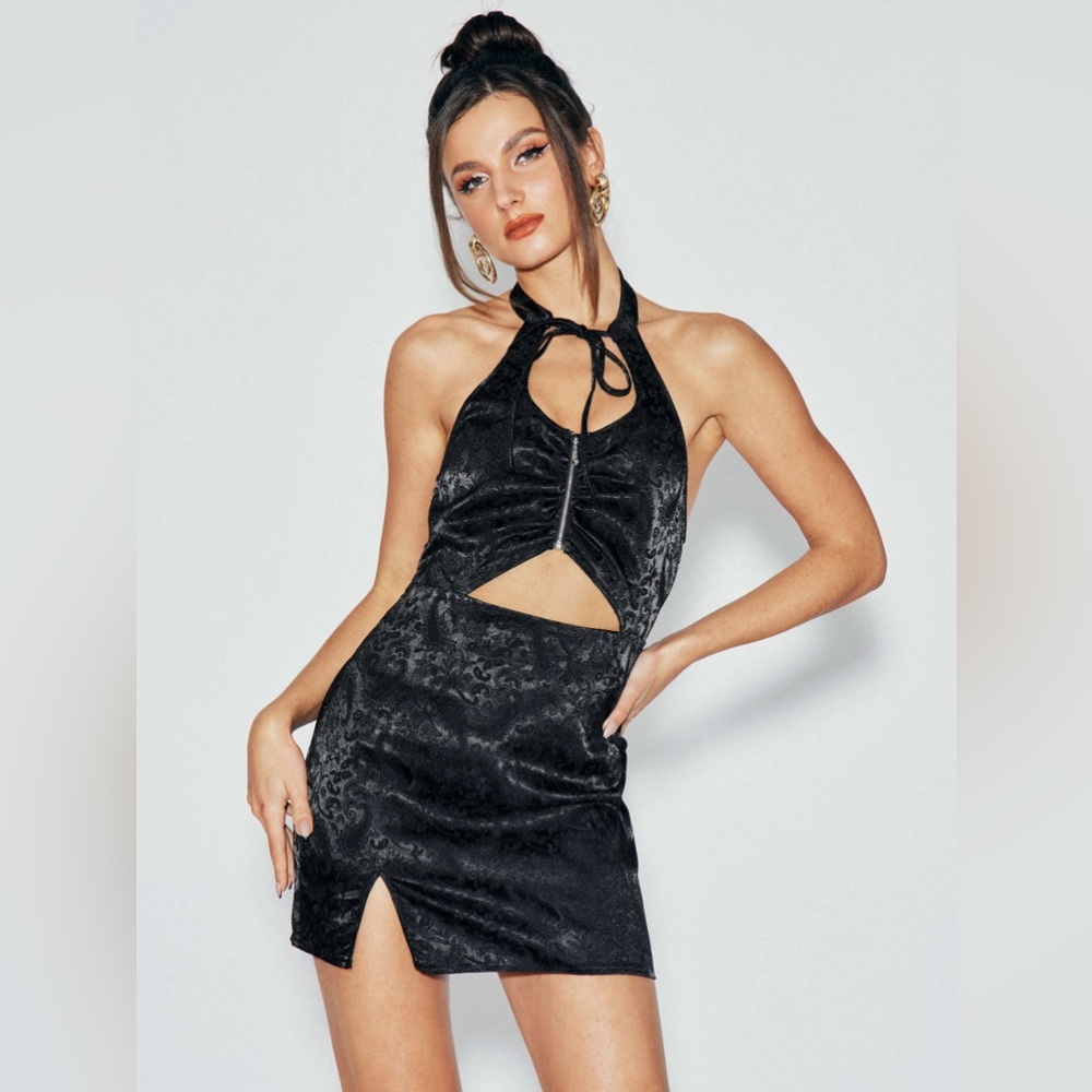 ZIPPER MINI JACQUARD HALTER DRESS, Size Large